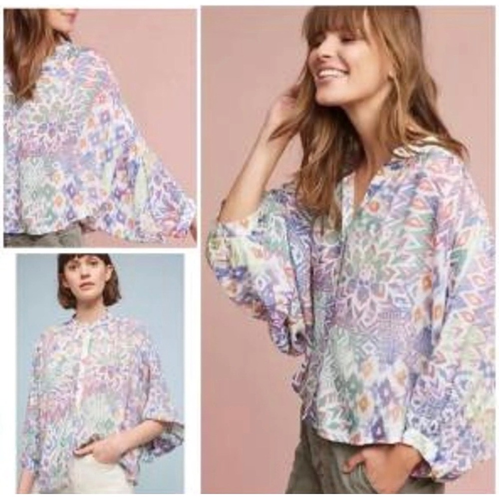 J4 Maeve Anthropologie Geometric Ikat Print Balloon Sleeve Blouse Multi Color XS